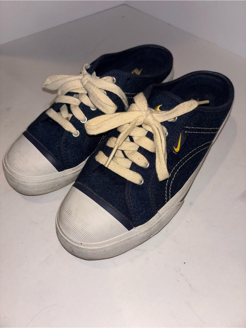 Nike Women’s Navy Canvas Low-Top Sneakers with Cream Laces and Yellow Swoosh